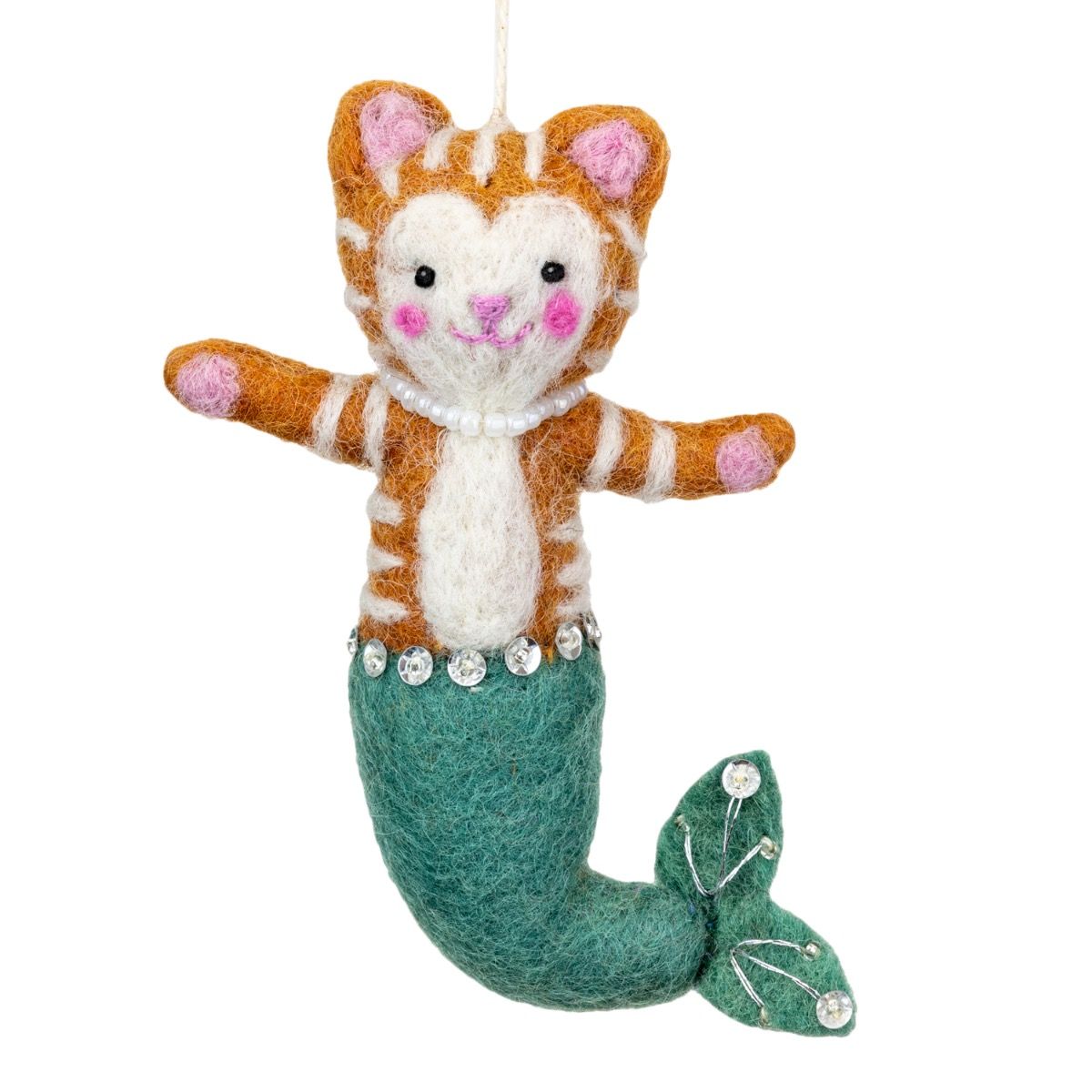Felted cat mermaid ornament with green tail on a white background