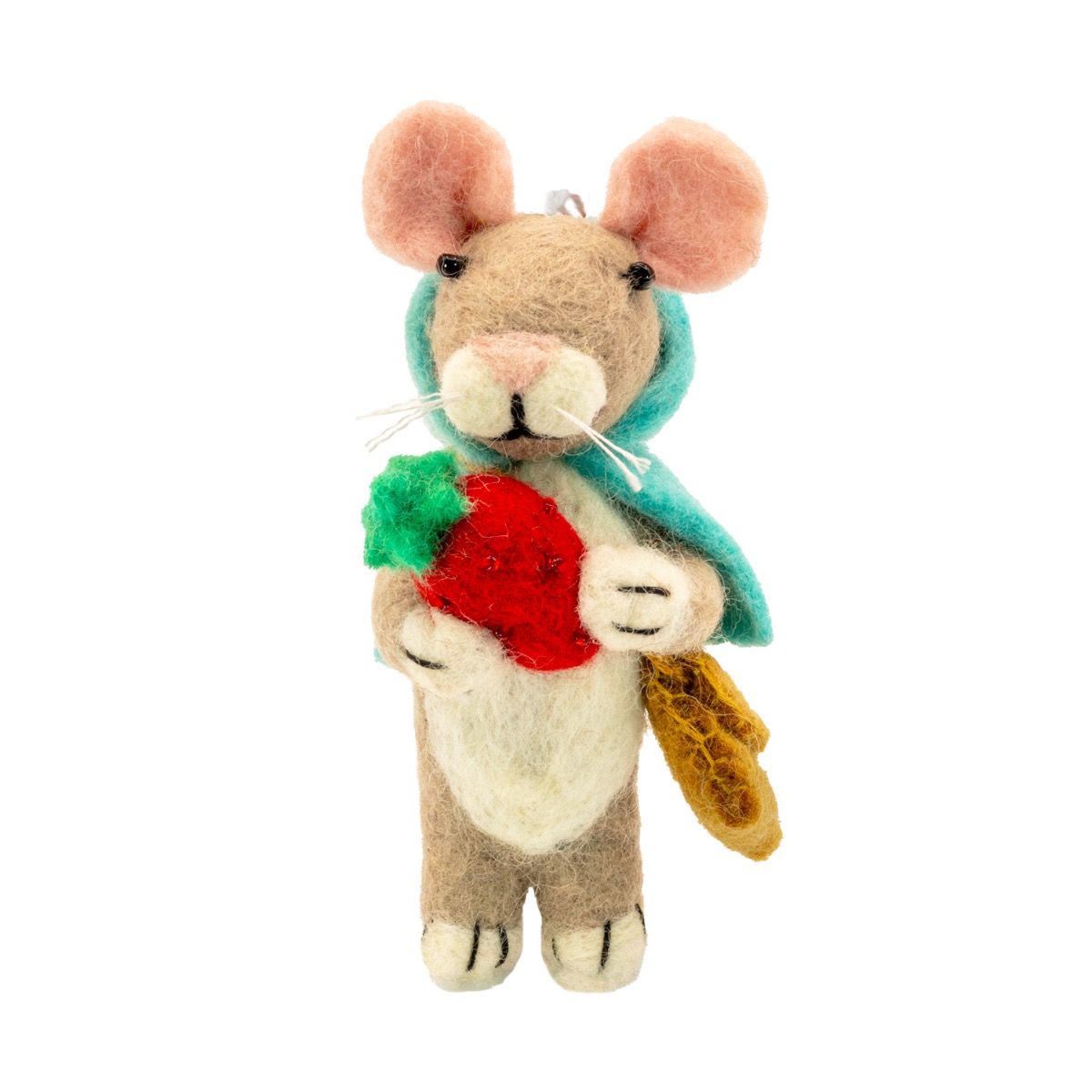 Felt mouse ornament with a scarf and strawberry on a white background