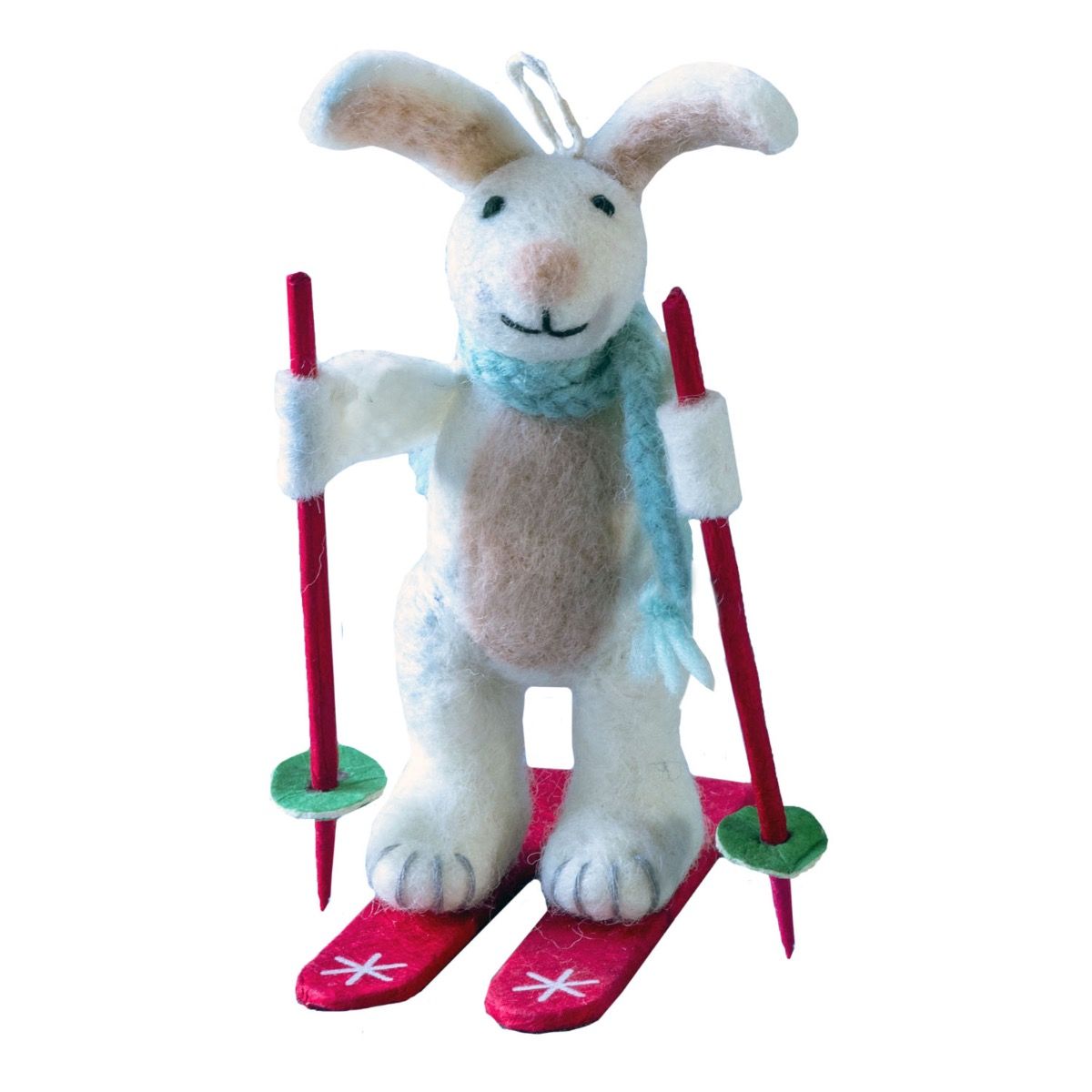 Skiing Bunny ornament with ski poles against a white background