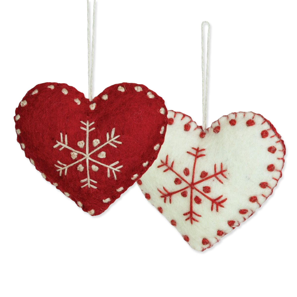 Two heart-shaped decorations with snowflake patterns on a white background