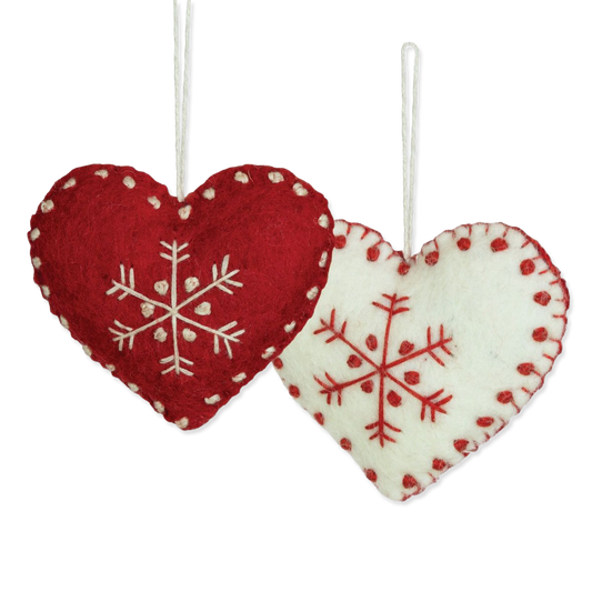 Two heart-shaped decorations with snowflake patterns on a white background