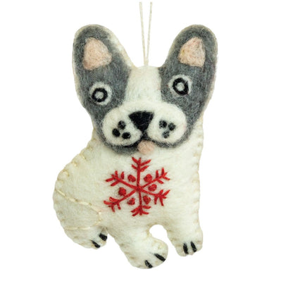 Felt dog ornament with a red snowflake on a white background