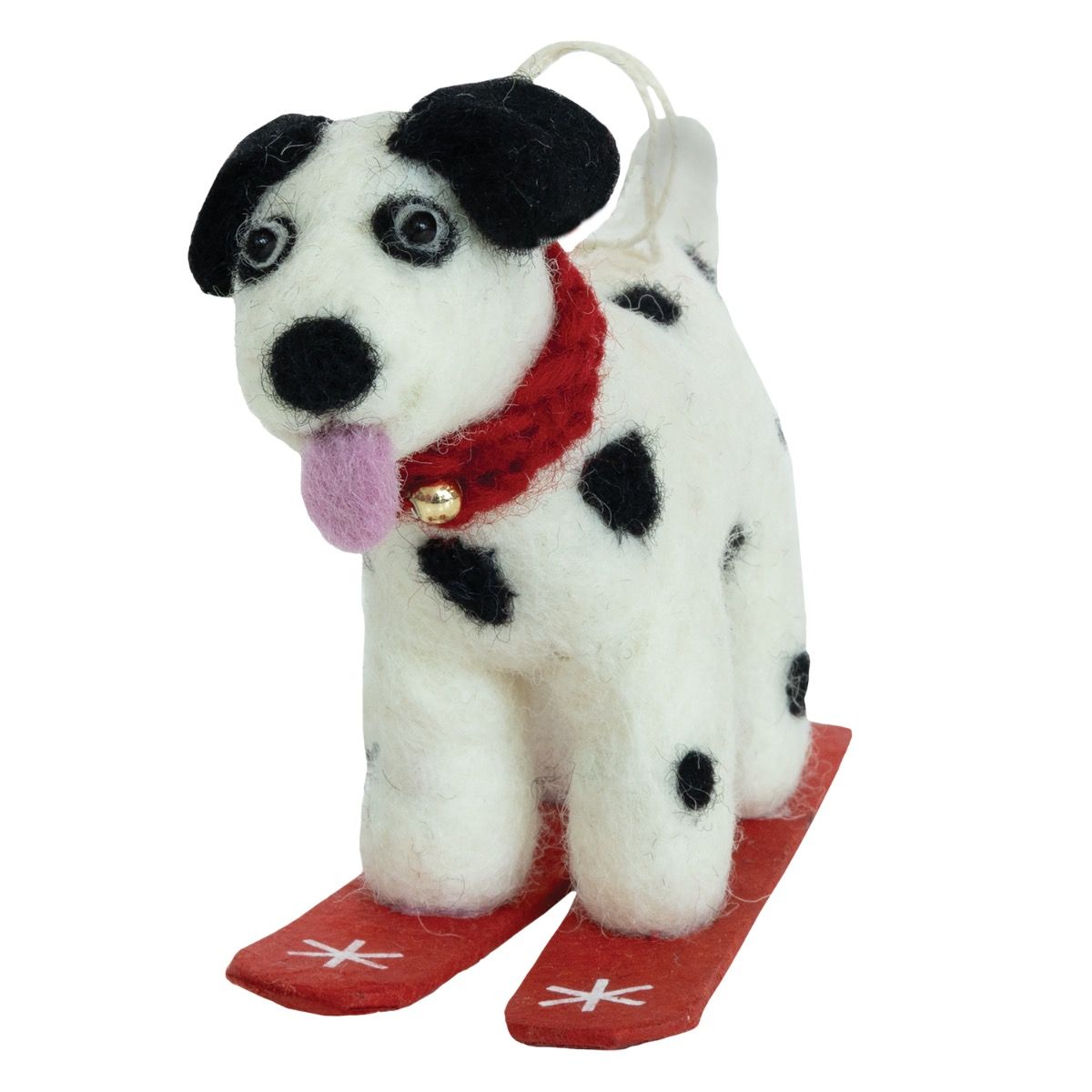 Felted dalmatian dog ornament with red collar and skis on a white background