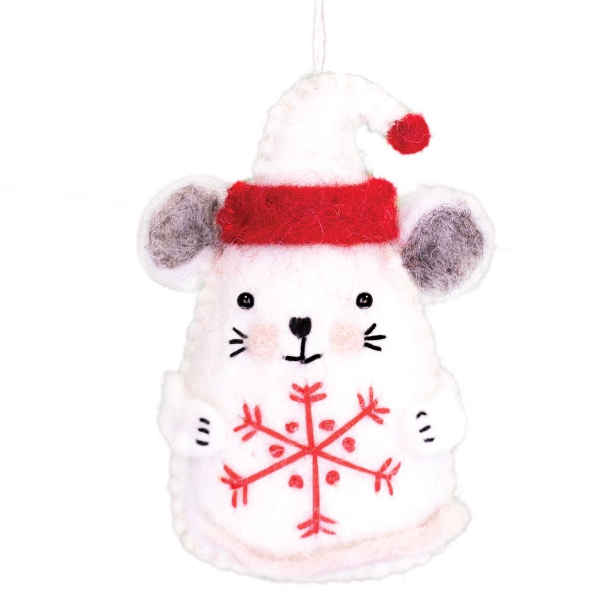 White mouse ornament with red snowflake design and red hat on a white background