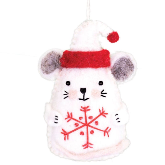 White mouse ornament with red snowflake design and red hat on a white background