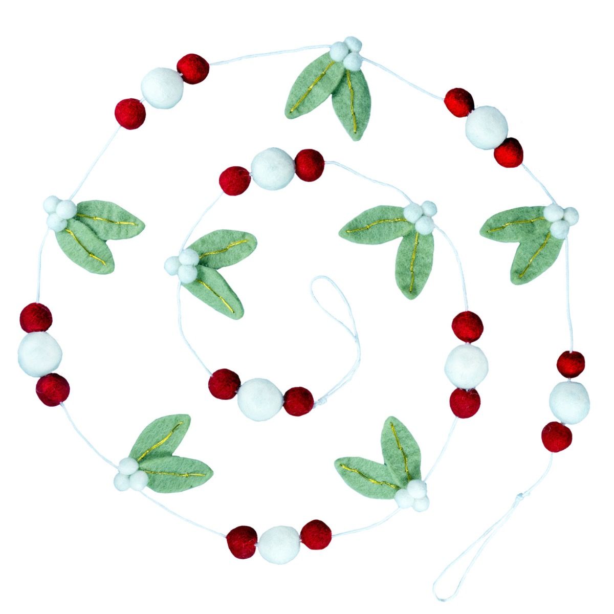Decorative garland with mistletoe leaves and red berries on a white background