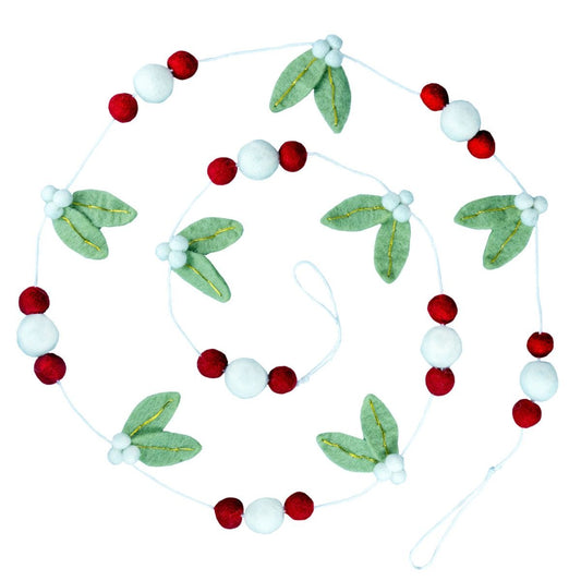 Decorative garland with mistletoe leaves and red berries on a white background