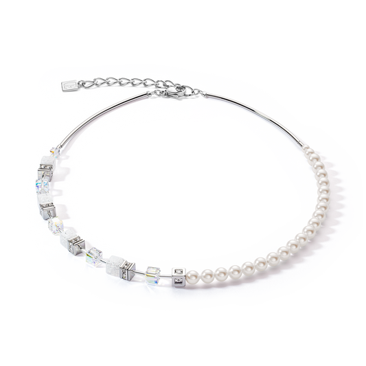 Collar de Perlas Preciosas Fusión GeoCUBE®: Blanco/Plata