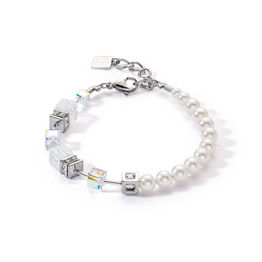 GeoCUBE® Precious Fusion Pearls Armband: Weiß/Silber