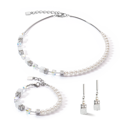 GeoCUBE® Precious Fusion Pearls Jewelry Set: White/Silver