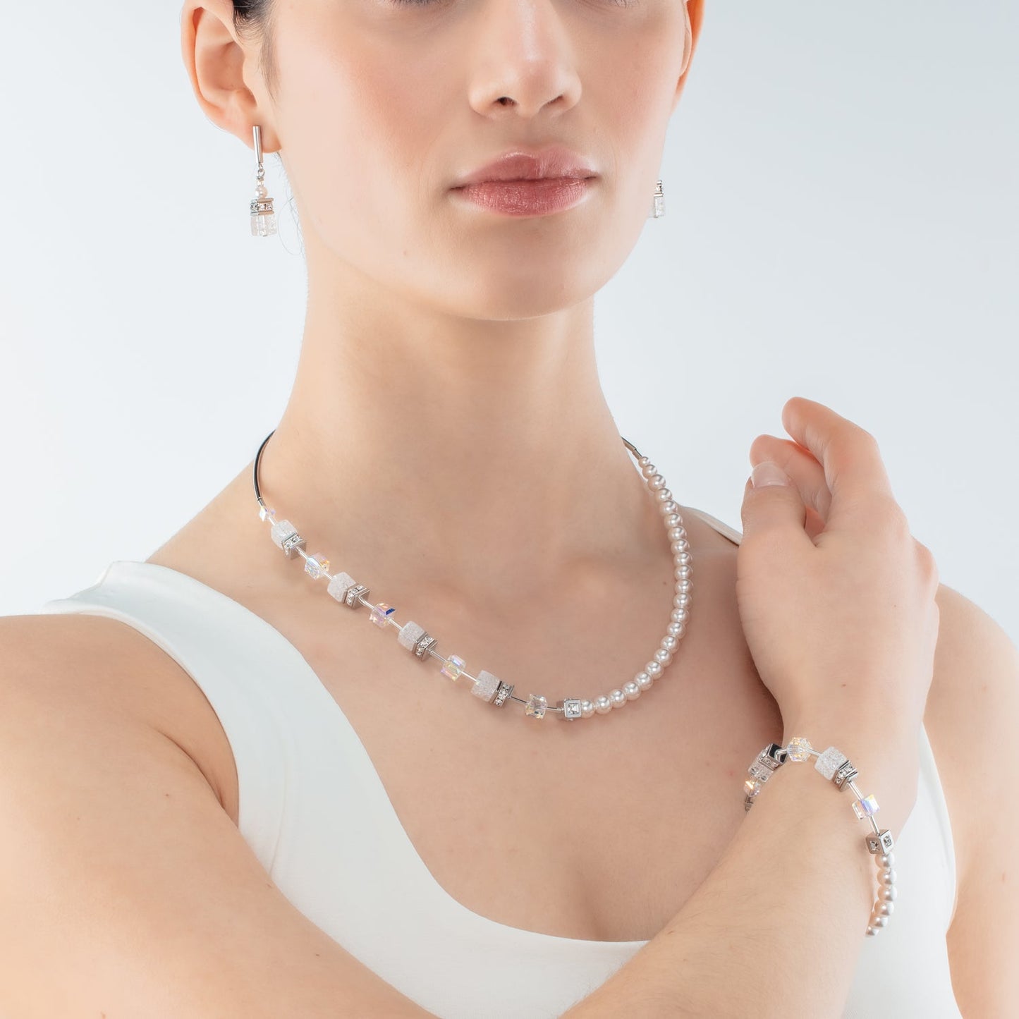 GeoCUBE® Precious Fusion Pearls Jewelry Set: White/Silver