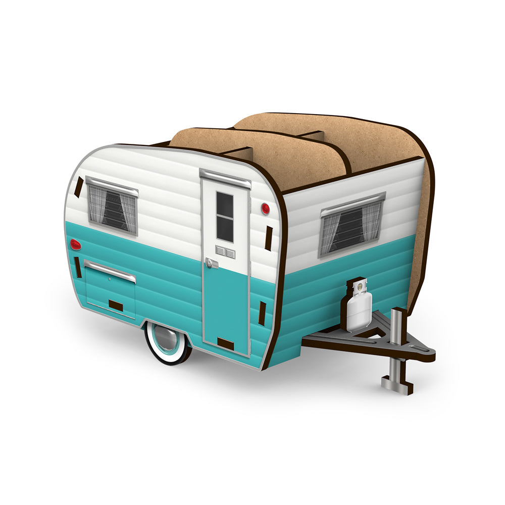 Illustration of a retro-style camper trailer with a white and blue design.