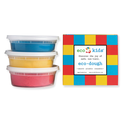 Set of colorful eco-dough containers with a packaging box on a white background
