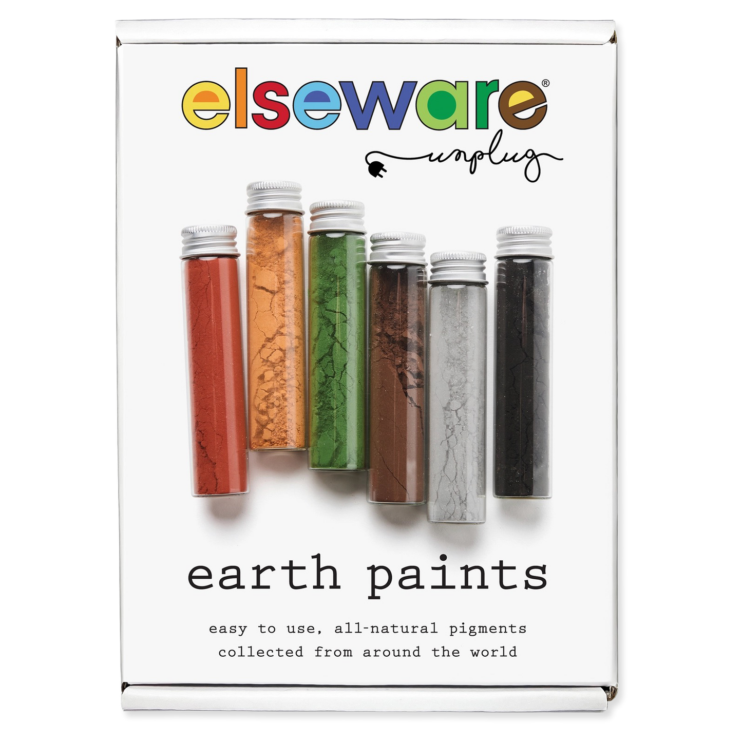 Packaging of elseware unplugged earth paints with colorful pigments on a white background