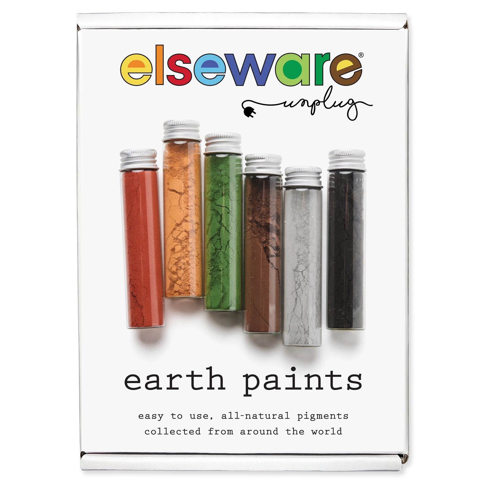 Packaging of elseware unplugged earth paints with colorful pigments on a white background