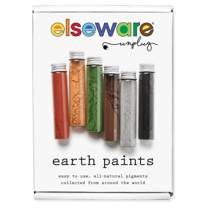 Packaging of elseware unplugged earth paints with colorful pigments on a white background