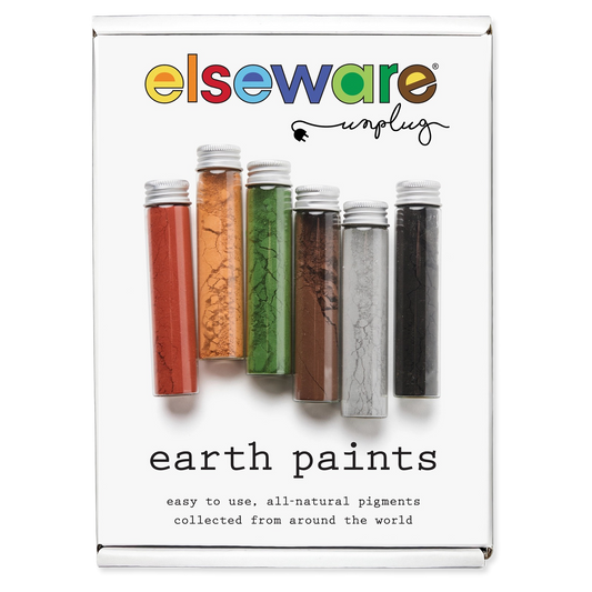 Packaging of elseware unplugged earth paints with colorful pigments on a white background