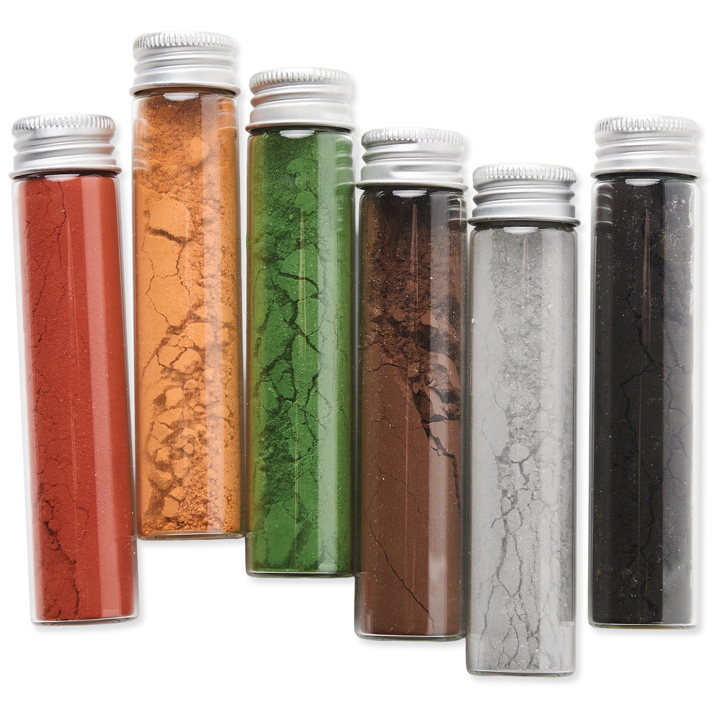 Set of six cylindrical containers with metallic lids, each filled with a different colored powder on a white background.