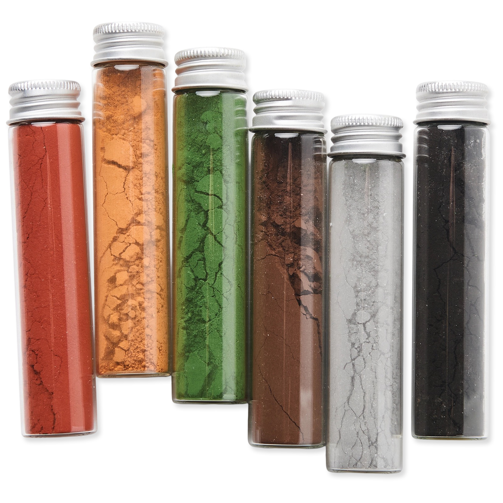 Set of six cylindrical containers with metallic lids, each filled with a different colored powder on a white background.