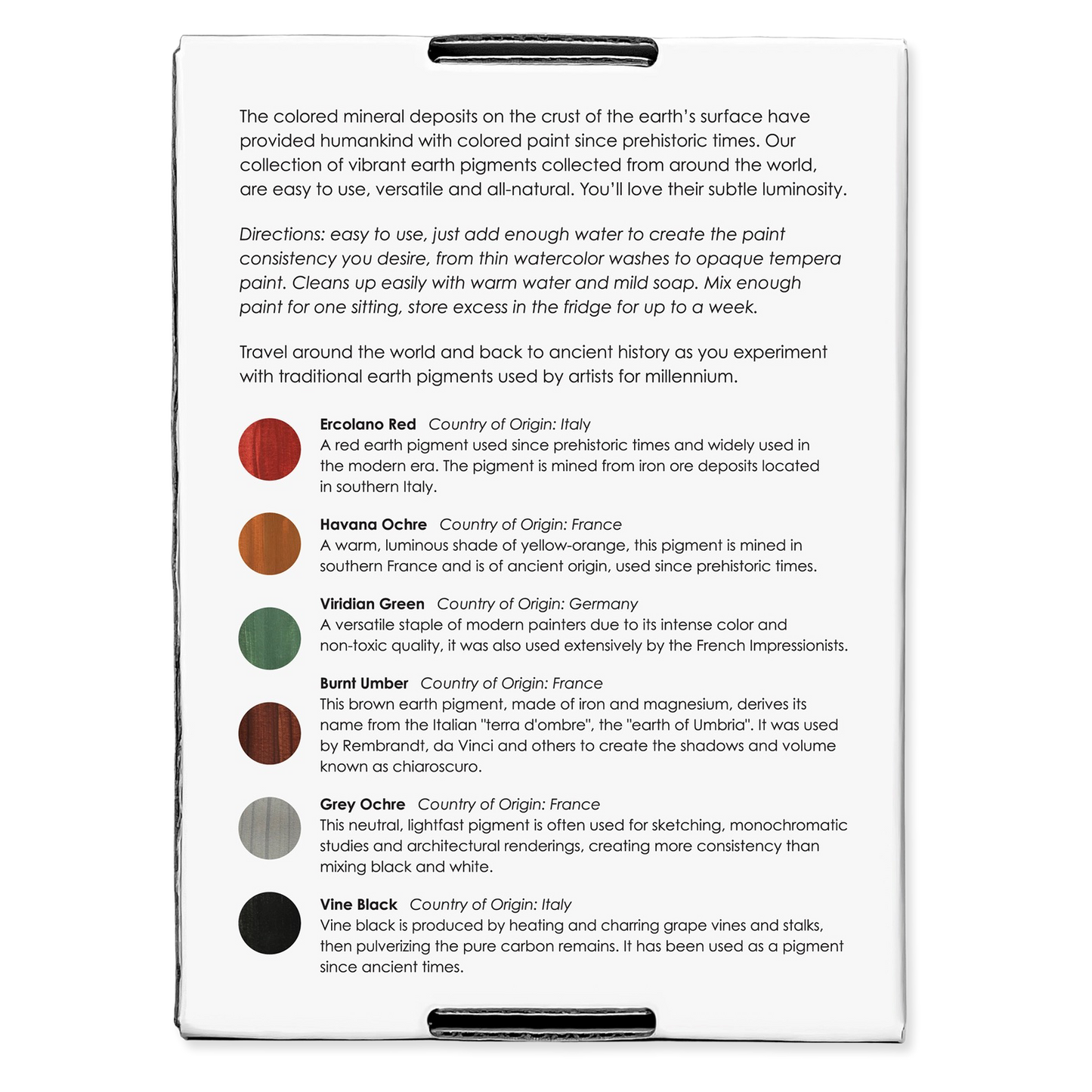 Product packaging with text and color swatches on a white background