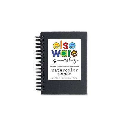 Black spiral-bound notebook with colorful 'else ware' branding on a white background