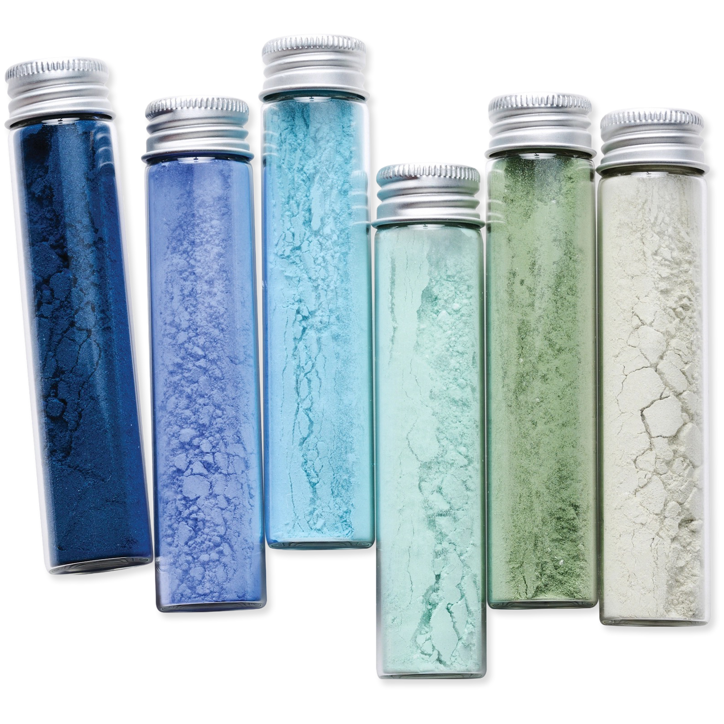 Set of six gradient-colored vials with silver lids on a white background