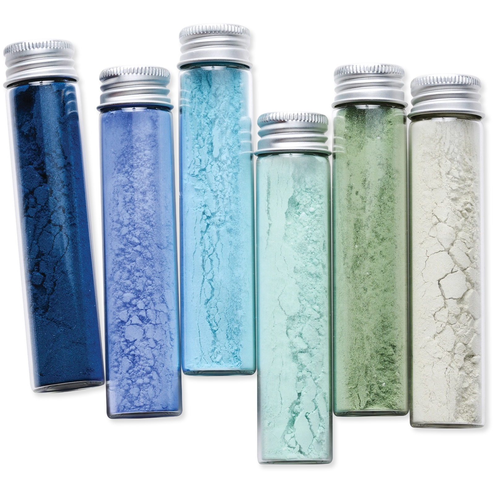 Set of six gradient-colored vials with silver lids on a white background