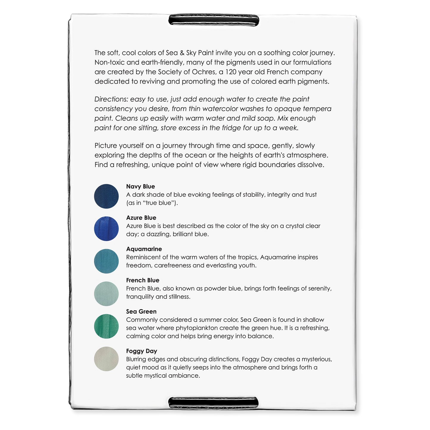 Product packaging with text and color swatches on a white background