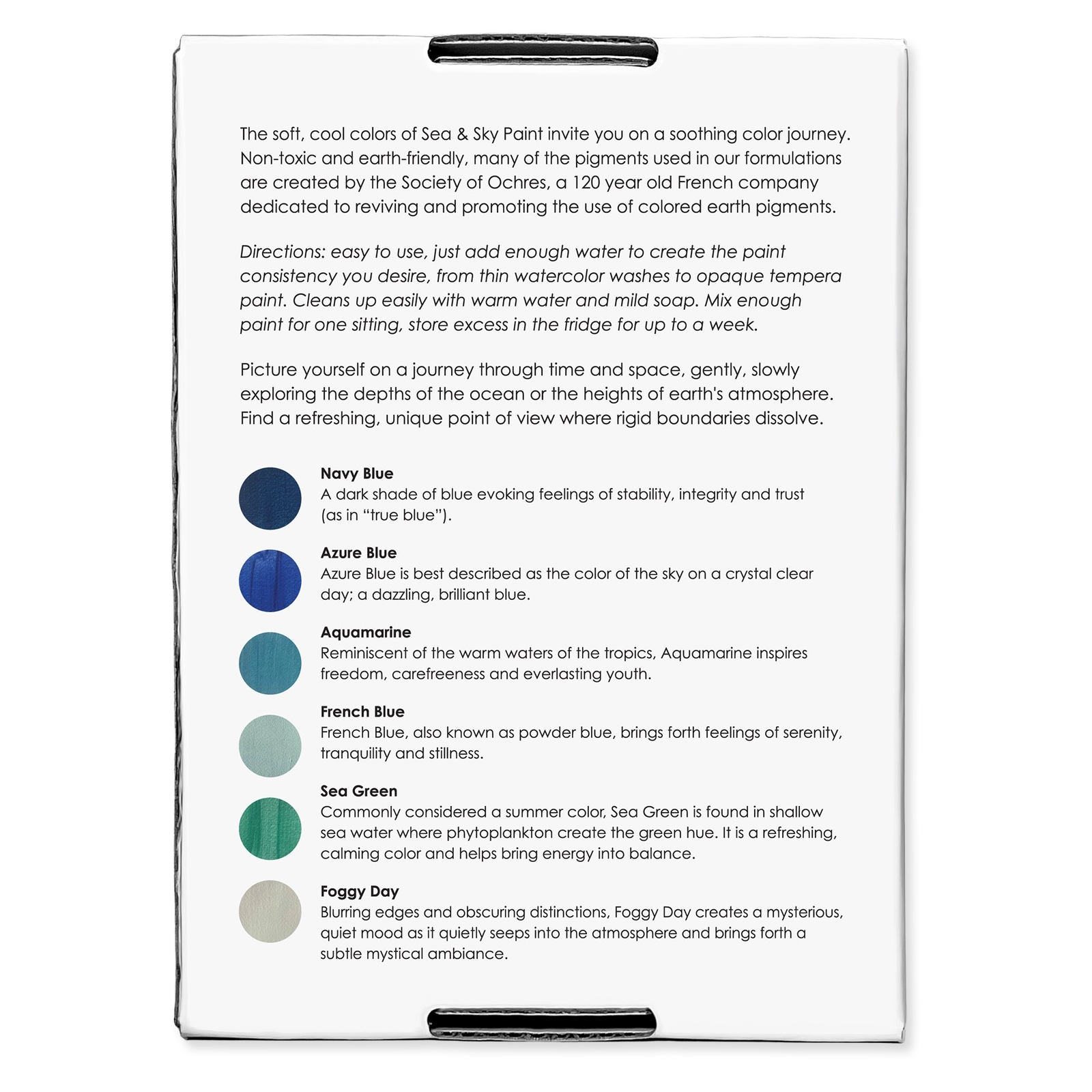 Product packaging with text and color swatches on a white background