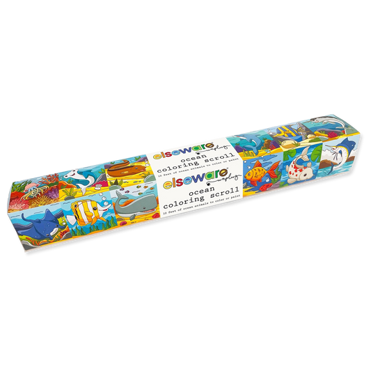 Colorful packaging of an ocean-themed coloring scroll by Elsewhere on a white background