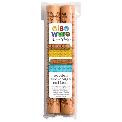 Packaged wooden eco-dough rollers with Else Ware Unplug branding on a white background