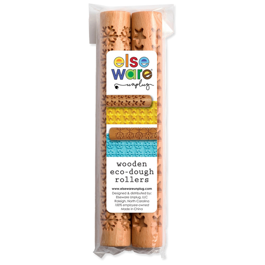 Packaged wooden eco-dough rollers with Else Ware Unplug branding on a white background