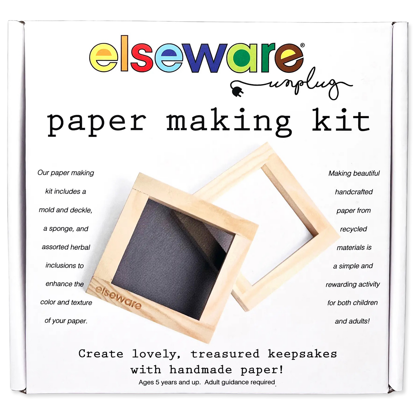 elseware paper making kit packaging with wooden mold and deckle on a white background