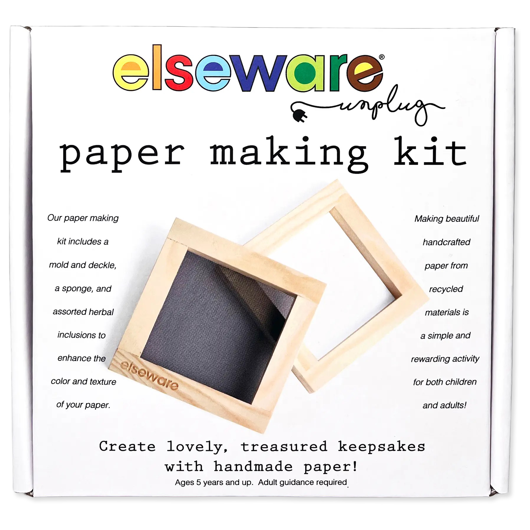 elseware paper making kit packaging with wooden mold and deckle on a white background