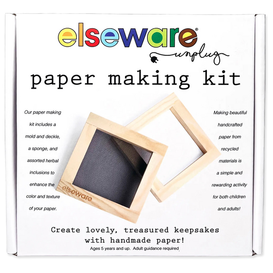 elseware paper making kit packaging with wooden mold and deckle on a white background