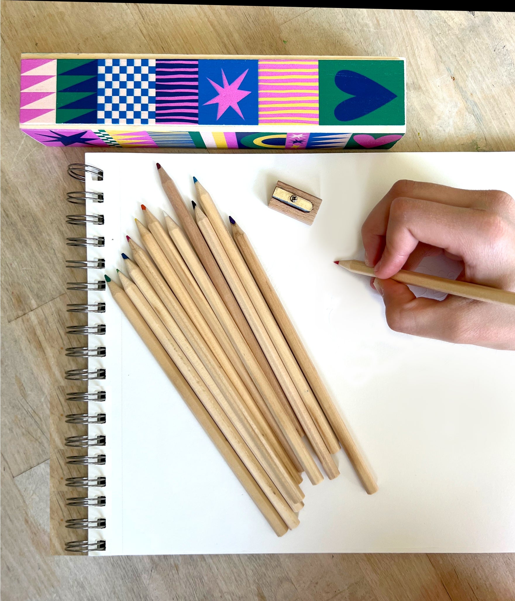 Color Pencil Ruler Box Wooden Pencil Box with Colored Pencils, Ruler & Sharpener: Geo Love ...