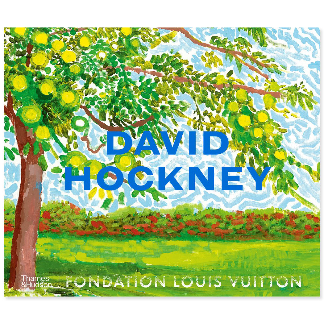 Artistic depiction of a tree with lemons and 'David Hockney' text on a blue sky background.