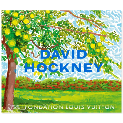 Artistic depiction of a tree with lemons and 'David Hockney' text on a blue sky background.