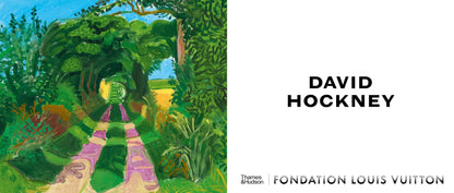 Painting of a garden path with 'David Hockney' and 'Fondation Louis Vuitton' text on a white background