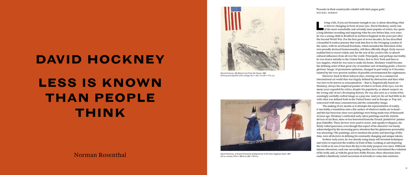 Book cover with text 'David Hockney Less is Known Than People Think' and images of artwork on an orange background.