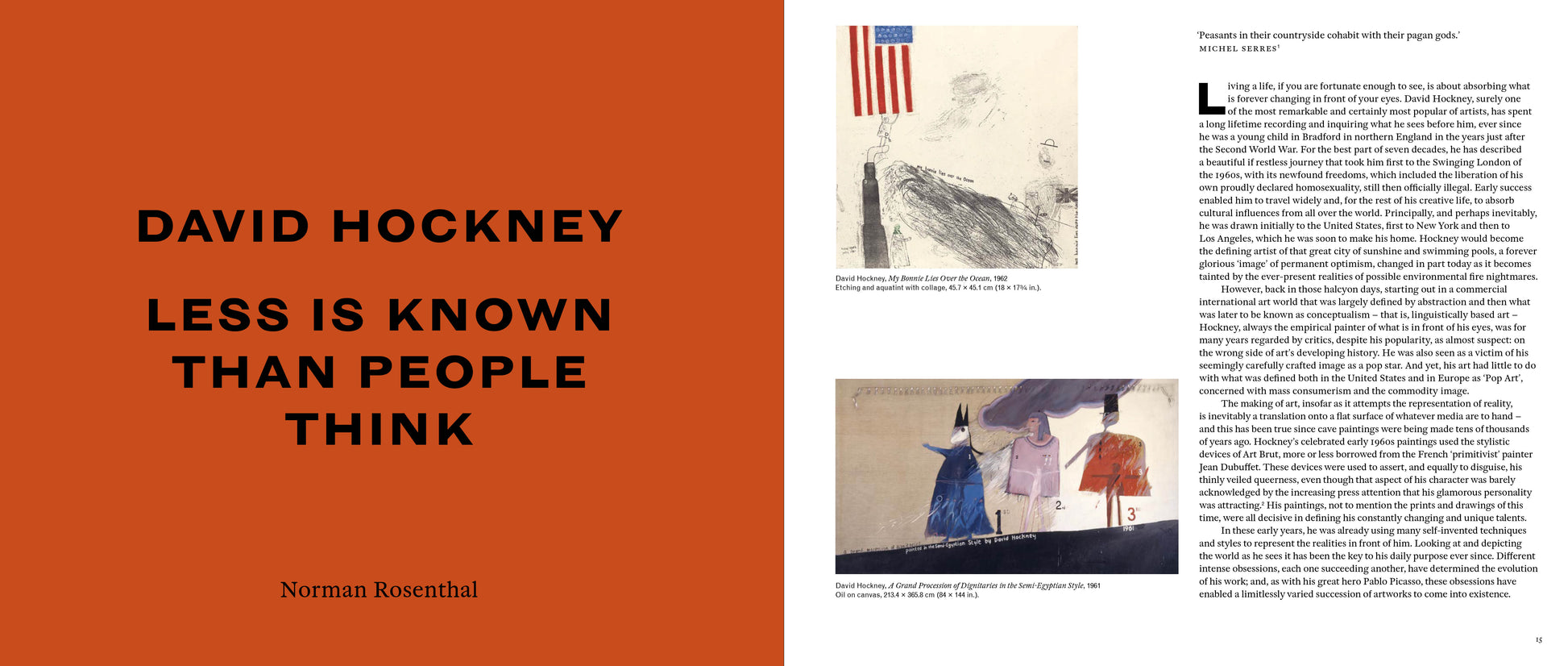 Book cover with text 'David Hockney Less is Known Than People Think' and images of artwork on an orange background.