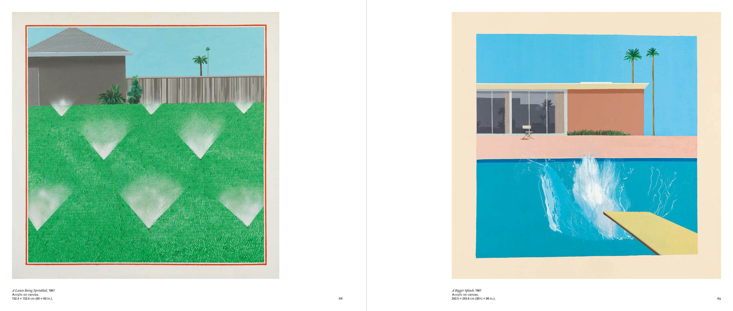 Two framed artworks of suburban scenes with houses and pools.