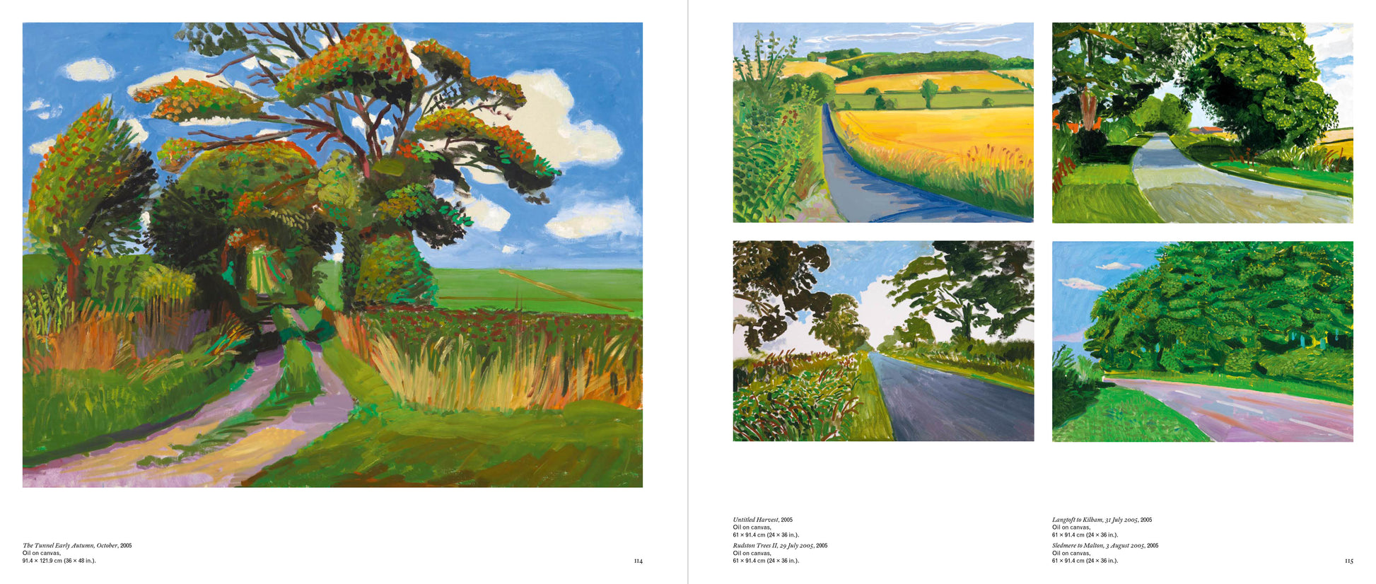 Collage of four landscape paintings featuring roads and greenery.