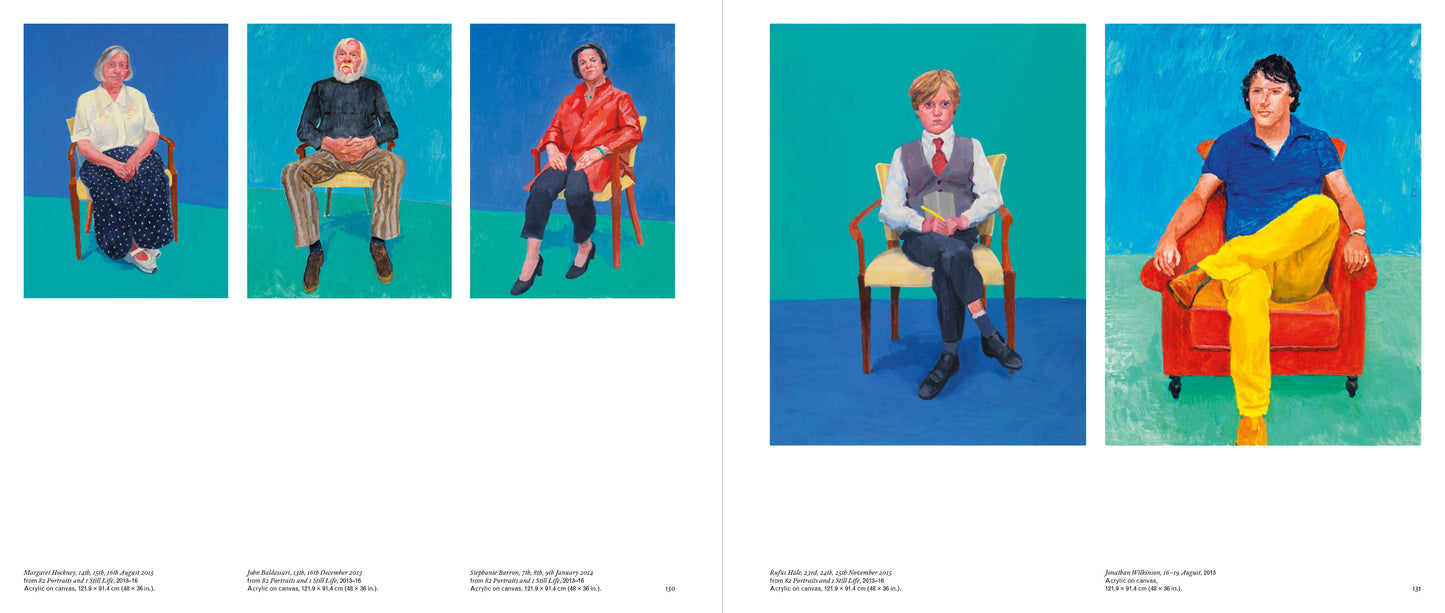 Artistic portraits of people in colorful chairs against a blue background