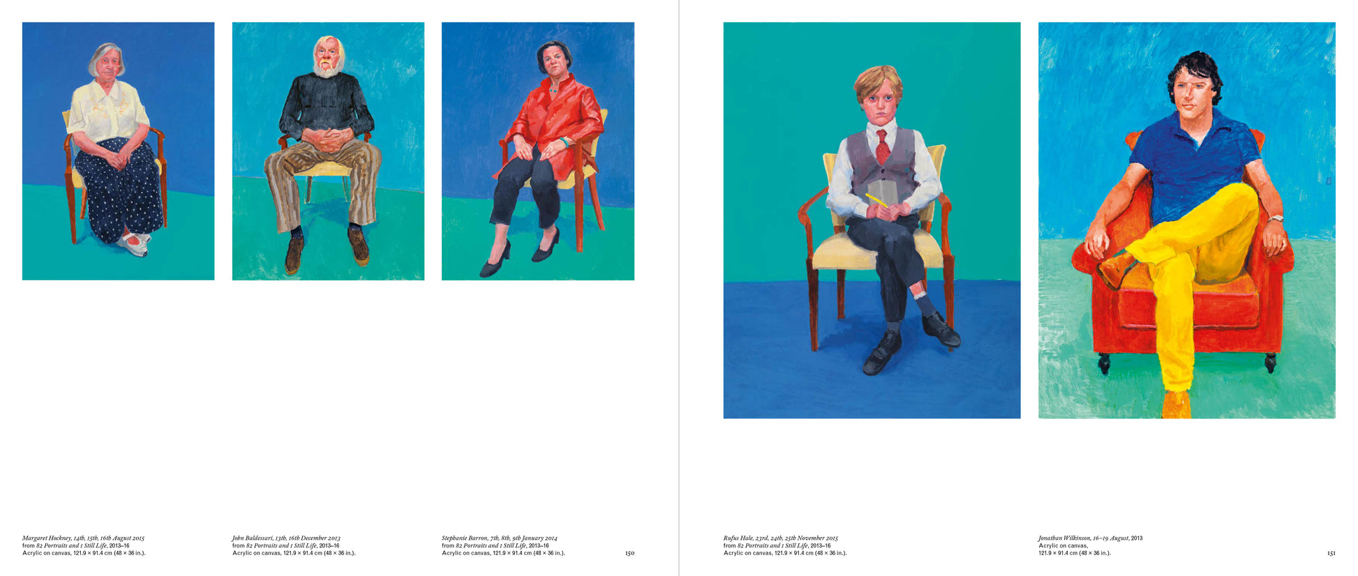 Artistic portraits of people in colorful chairs against a blue background
