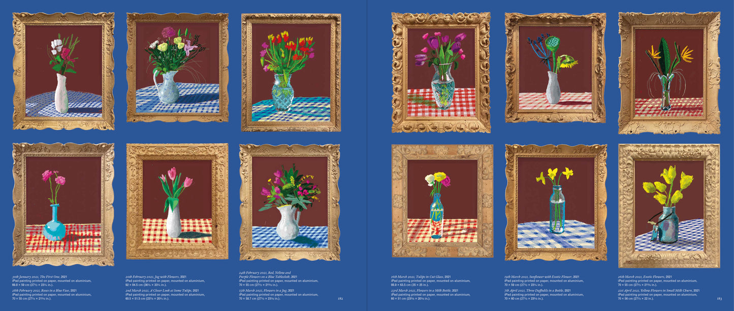 Repetition of a still life scene with flowers in a vase on a checkered tablecloth, framed in gold against a blue background.