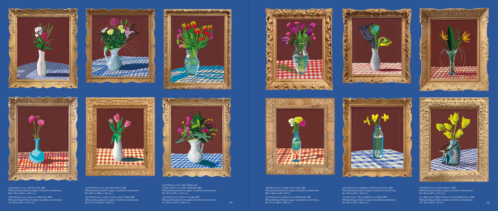 Repetition of a still life scene with flowers in a vase on a checkered tablecloth, framed in gold against a blue background.