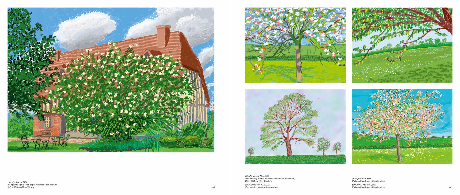 Illustrations of trees in various settings with a house and animals.