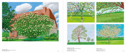Illustrations of trees in various settings with a house and animals.