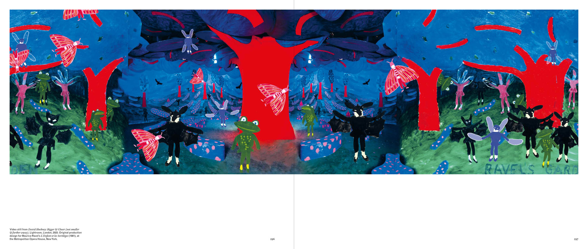 Colorful abstract artwork with red trees, blue sky, and black figures.